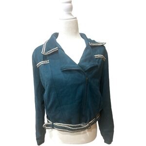 Jaase Teal Faux Suede Moto‎ Jacket Crochet Trim Boho Cottagecore Womens Medium